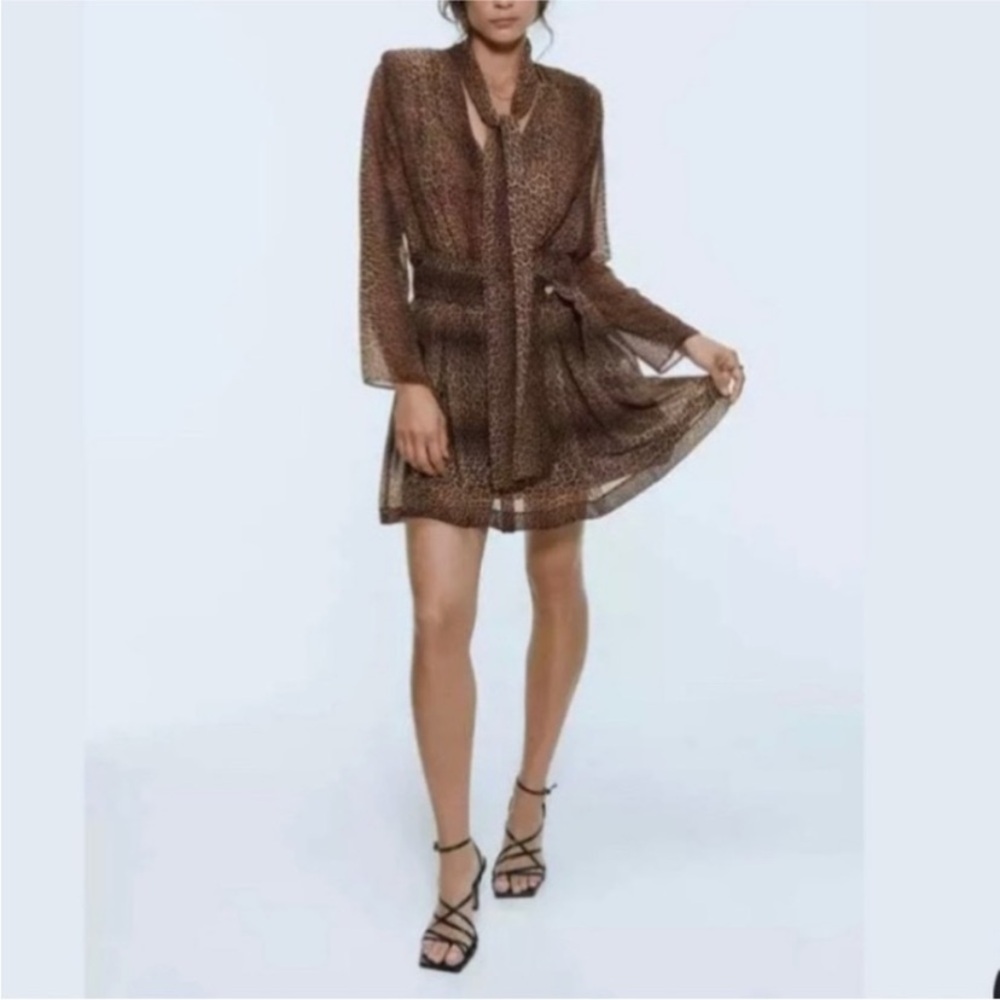 Zara Shear Cheetah Animal Print Front Tie Long Sleeve Mini V Neck Belted Dress - Picture 4 of 12